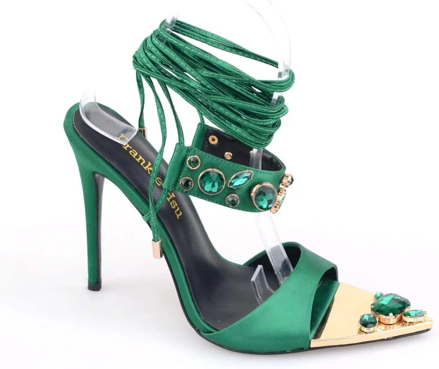 Frankie Hsu Women's Large Big Size Lace Up Luxury Crystal Rhinestone Green Gem Stiletto Satin High Heeled Sandals