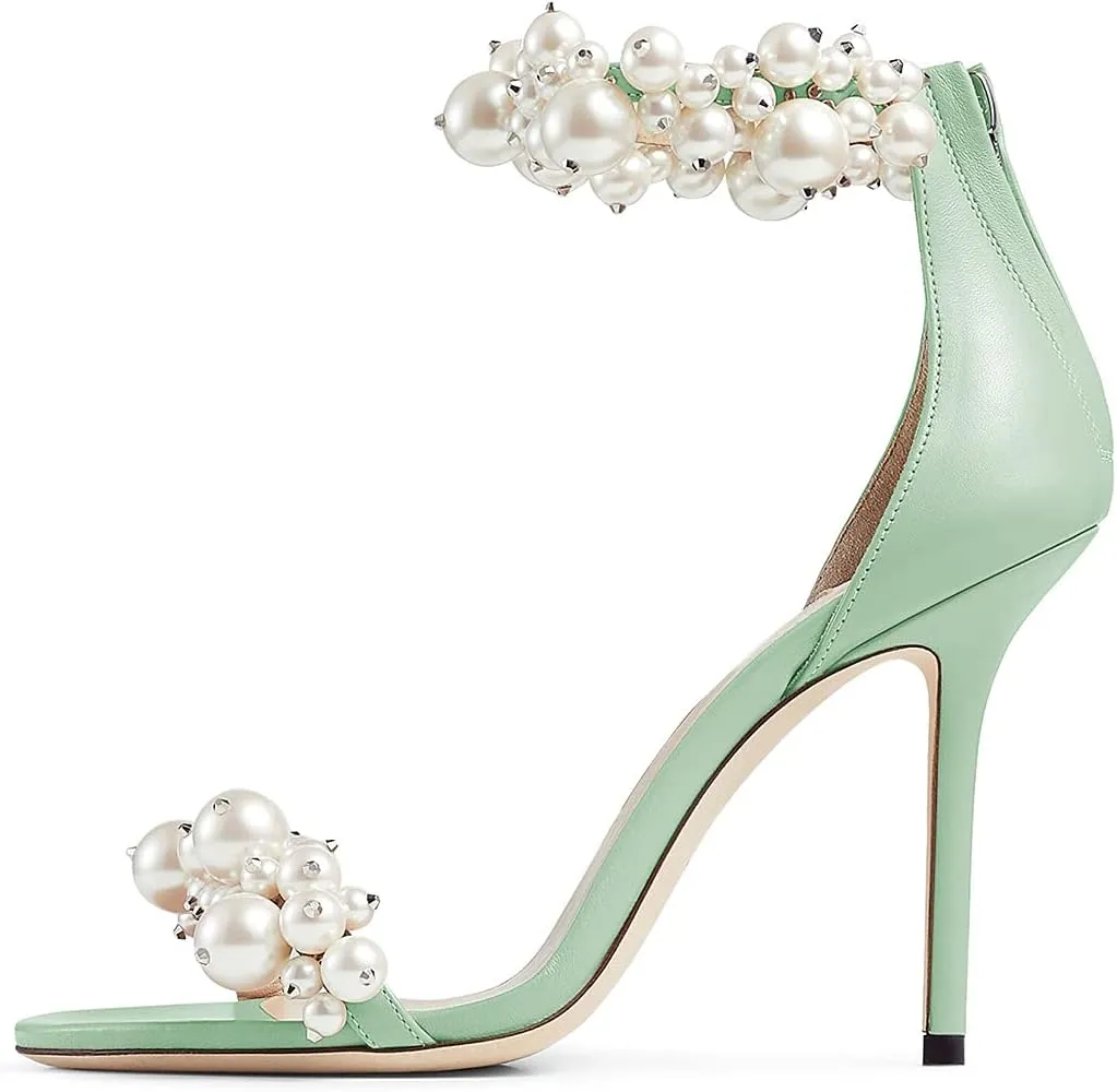 FSJ Women Fashion Dressy High Heel Stiletto Open Toe Pump Sandal Full Pearls Ankle Strap Back Zipper Party Wedding Shoes Size 4-15 US