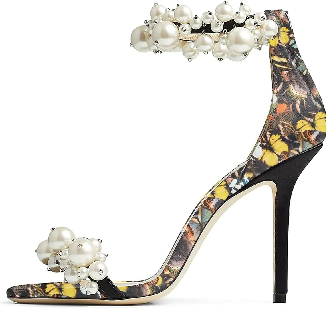 FSJ Women Fashion Dressy High Heel Stiletto Open Toe Pump Sandal Full Pearls Ankle Strap Back Zipper Party Wedding Shoes Size 4-15 US