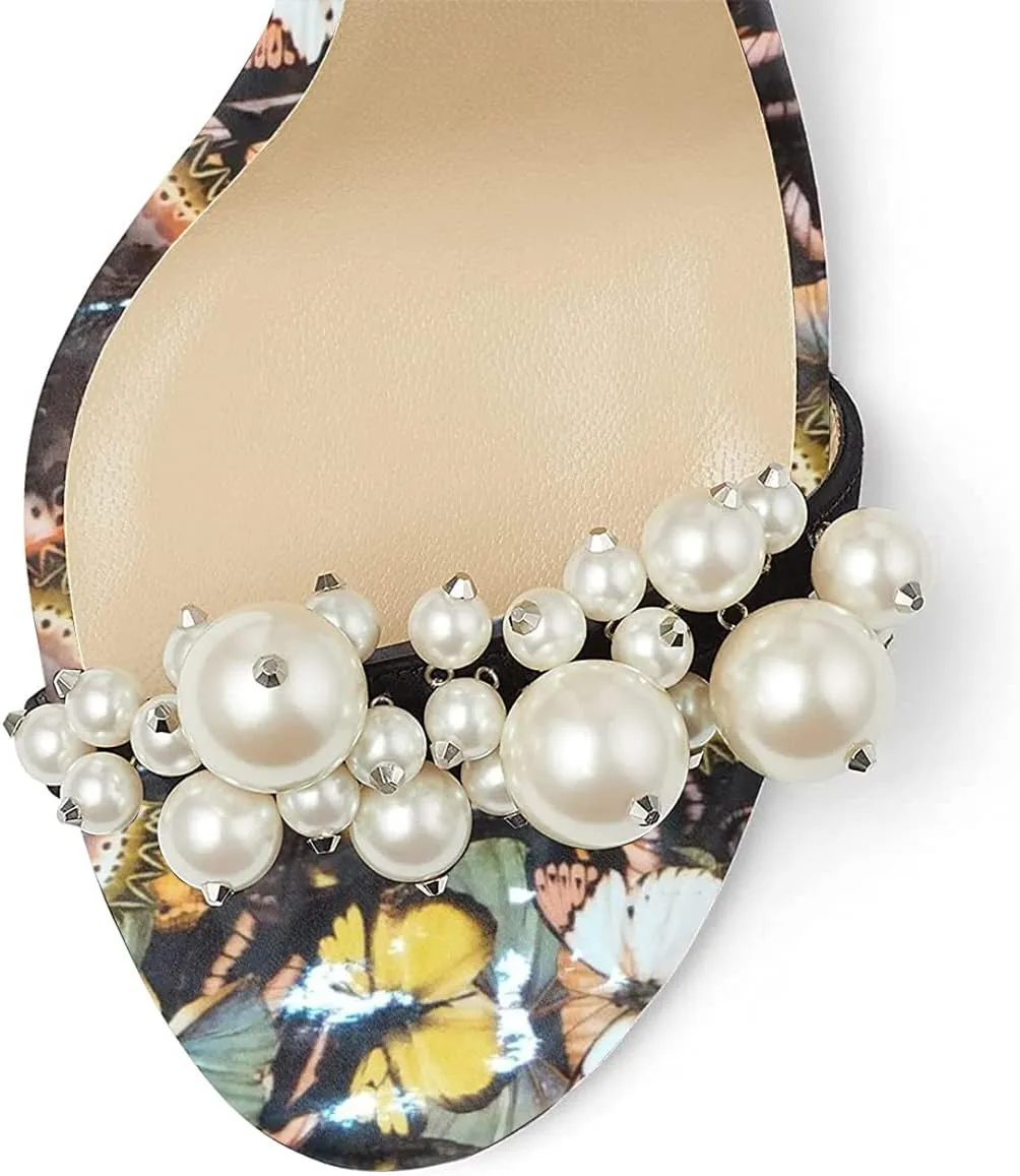 FSJ Women Fashion Dressy High Heel Stiletto Open Toe Pump Sandal Full Pearls Ankle Strap Back Zipper Party Wedding Shoes Size 4-15 US