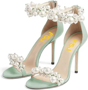 FSJ Women Fashion Dressy High Heel Stiletto Open Toe Pump Sandal Full Pearls Ankle Strap Back Zipper Party Wedding Shoes Size 4-15 US