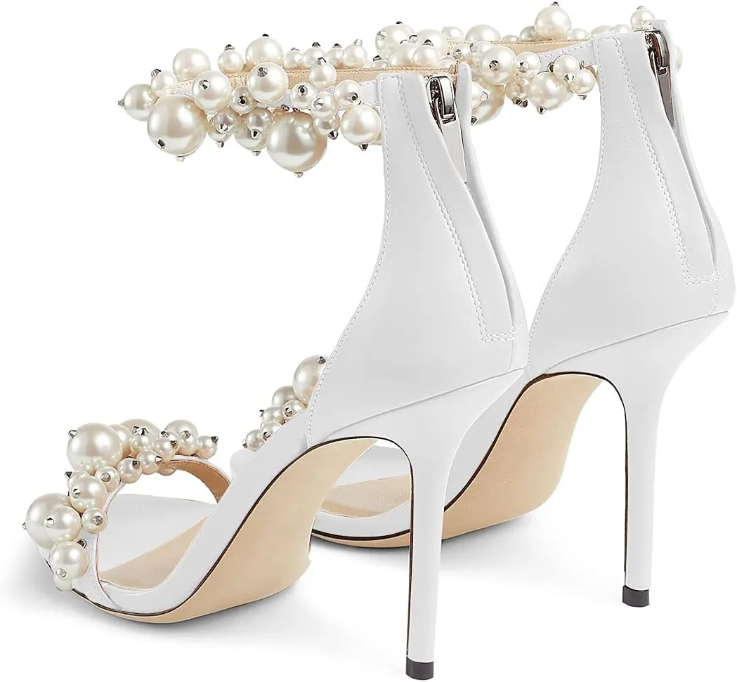 FSJ Women Fashion Dressy High Heel Stiletto Open Toe Pump Sandal Full Pearls Ankle Strap Back Zipper Party Wedding Shoes Size 4-15 US