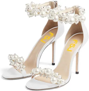 FSJ Women Fashion Dressy High Heel Stiletto Open Toe Pump Sandal Full Pearls Ankle Strap Back Zipper Party Wedding Shoes Size 4-15 US