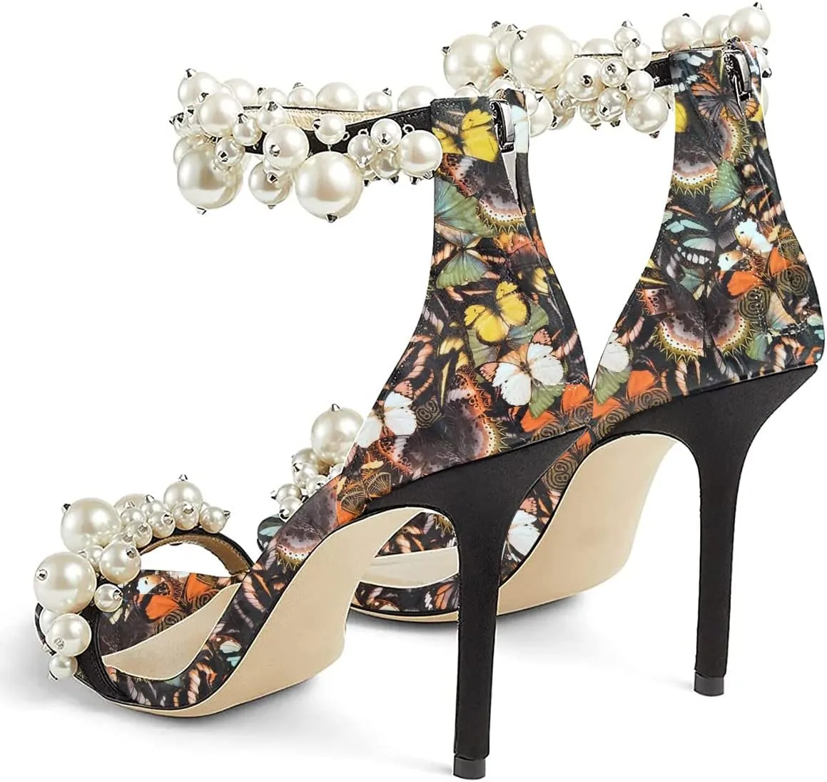 FSJ Women Fashion Dressy High Heel Stiletto Open Toe Pump Sandal Full Pearls Ankle Strap Back Zipper Party Wedding Shoes Size 4-15 US