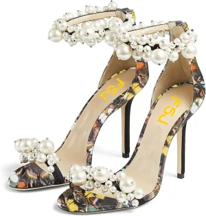 FSJ Women Fashion Dressy High Heel Stiletto Open Toe Pump Sandal Full Pearls Ankle Strap Back Zipper Party Wedding Shoes Size 4-15 US