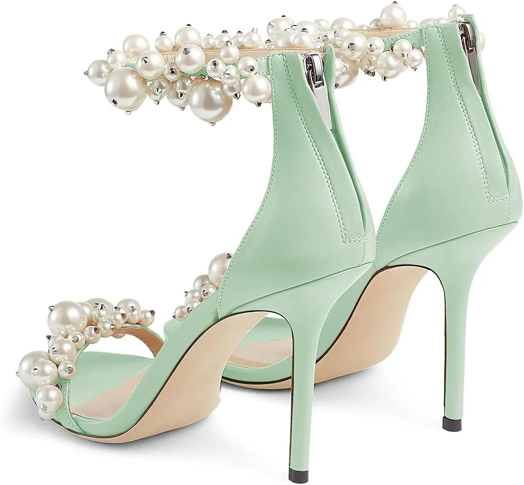 FSJ Women Fashion Dressy High Heel Stiletto Open Toe Pump Sandal Full Pearls Ankle Strap Back Zipper Party Wedding Shoes Size 4-15 US