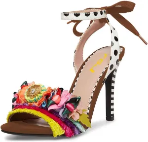 FSJ Women Floral Stiletto High Heel Sandal Ankle Strap Open Toe Pump D'Orsay Polka Dot Lace up Dress Party Summer Shoes Size 4-15 US