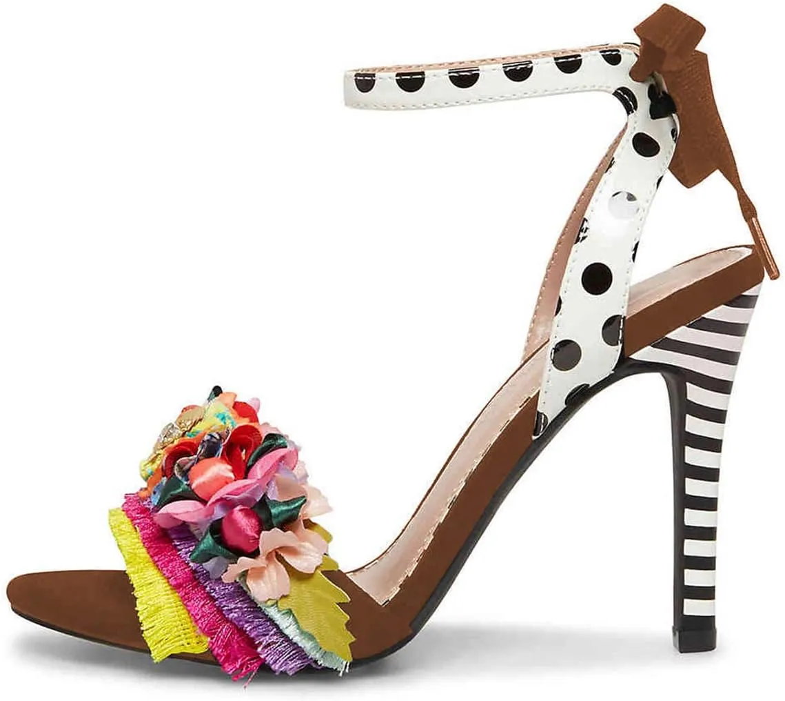 FSJ Women Floral Stiletto High Heel Sandal Ankle Strap Open Toe Pump D'Orsay Polka Dot Lace up Dress Party Summer Shoes Size 4-15 US