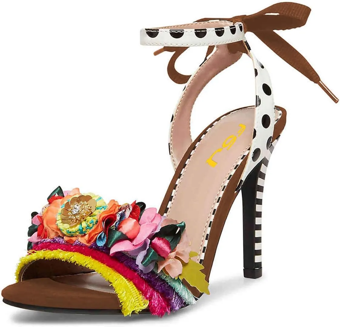 FSJ Women Floral Stiletto High Heel Sandal Ankle Strap Open Toe Pump D'Orsay Polka Dot Lace up Dress Party Summer Shoes Size 4-15 US
