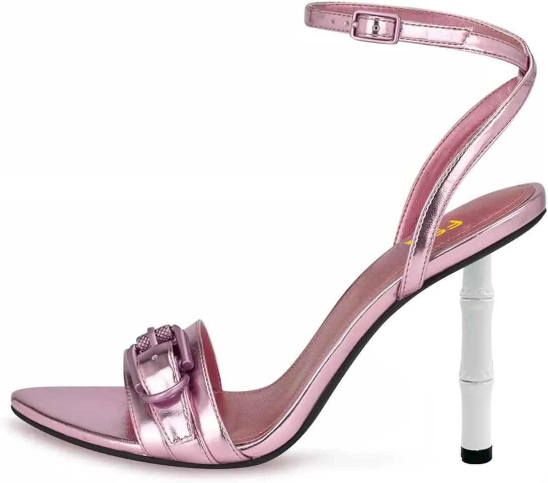FSJ Women Pointed Open Toe Charming Heeled Sandals Bamboo High Stiletto Buckled Strap Wedding Party Nightclub Shoes Size 4-16 US