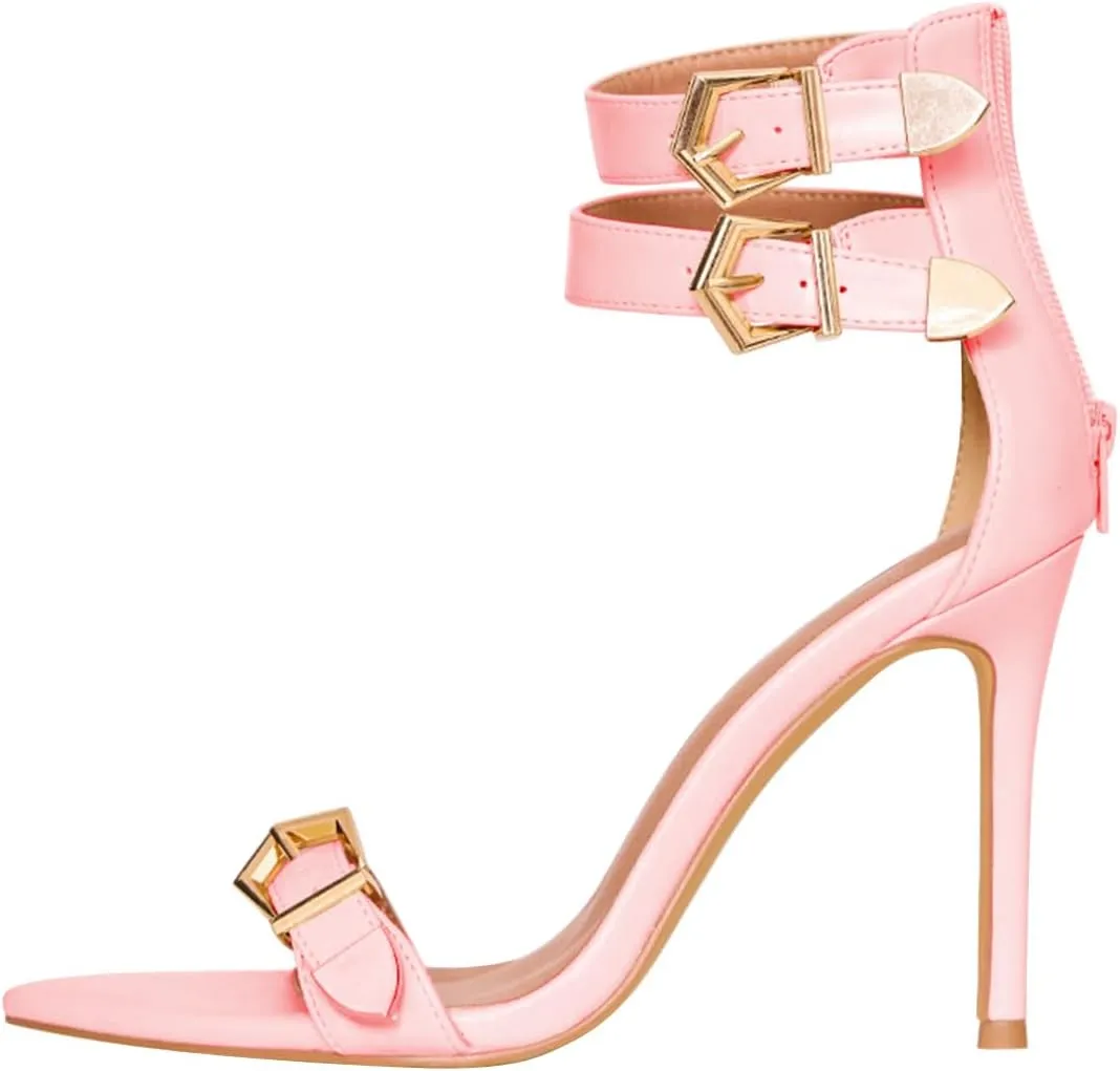 FSJ Women Sexy Open Toe Buckled Strap Stiletto High Heel Sandals Double Ankle Strappy Back Zip Nightclub Shoes Size 4-16 US