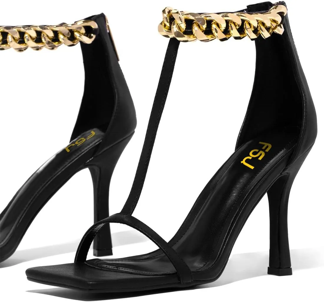 FSJ Women Trendy Ankle Strap Stiletto Square Open Toe Sandal High Heel Sexy T-Strap Pumps Gold Chain Back Zipper Party Prom Dress Shoe Size 4-15 US