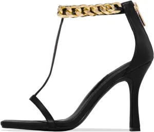 FSJ Women Trendy Ankle Strap Stiletto Square Open Toe Sandal High Heel Sexy T-Strap Pumps Gold Chain Back Zipper Party Prom Dress Shoe Size 4-15 US