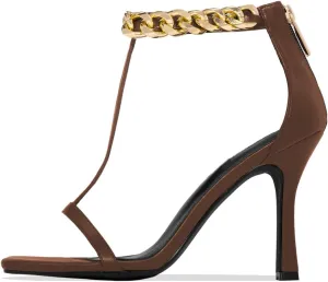 FSJ Women Trendy Ankle Strap Stiletto Square Open Toe Sandal High Heel Sexy T-Strap Pumps Gold Chain Back Zipper Party Prom Dress Shoe Size 4-15 US