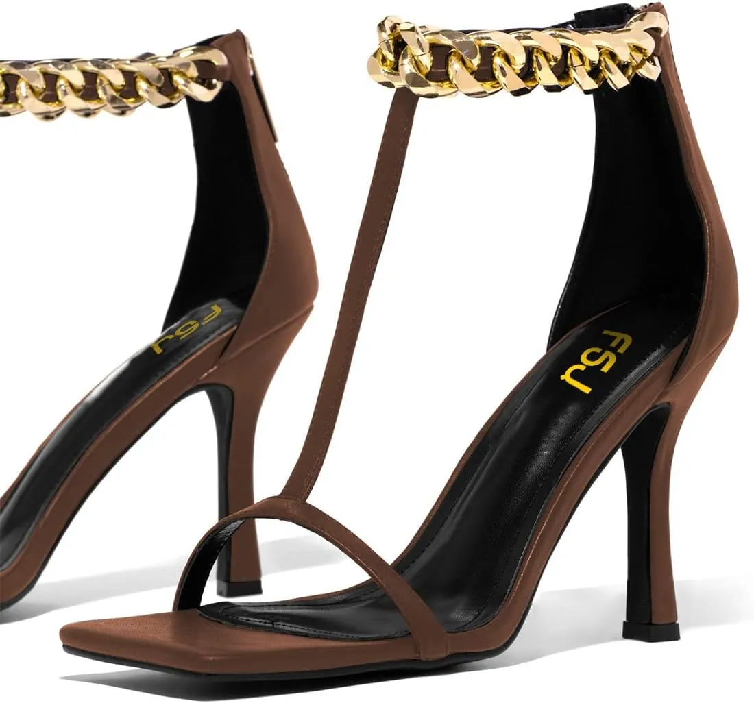 FSJ Women Trendy Ankle Strap Stiletto Square Open Toe Sandal High Heel Sexy T-Strap Pumps Gold Chain Back Zipper Party Prom Dress Shoe Size 4-15 US