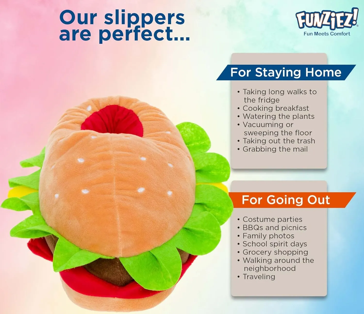 Funziez! Hamburger Slippers - Plush Cheeseburger Slippers Novelty House Shoe