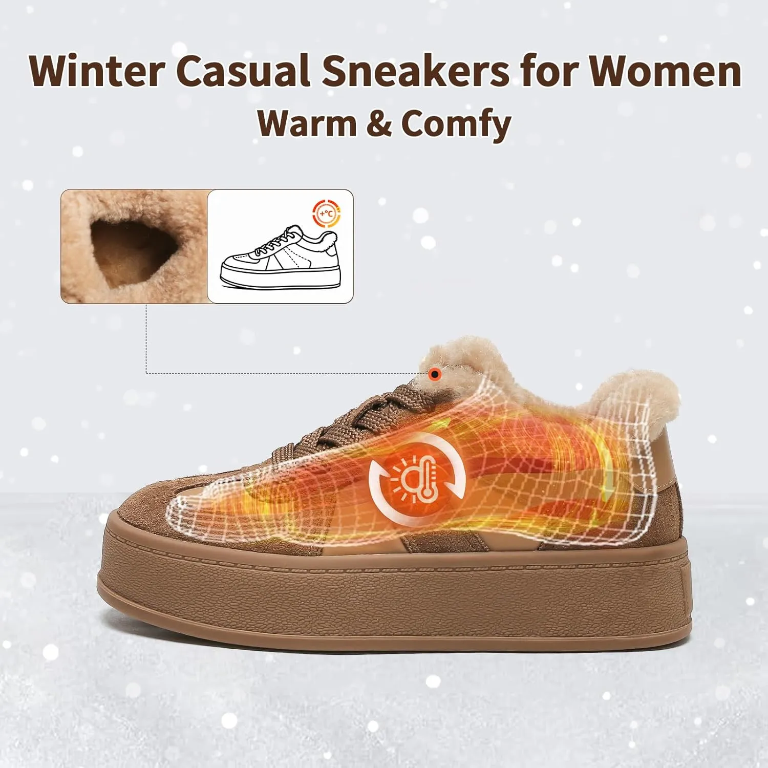 Fur Lined Winter Sneakers for Women Chunky Platform Non-Slip Soft Plush Warm Fashion Sneakers Casual Snow Walking Tennis Shoes