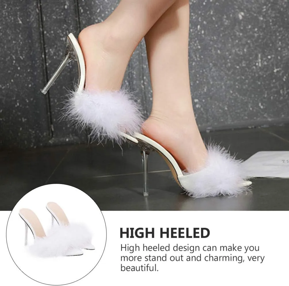 Fur Slippers Open Toe Crystal High Heels Pointed Slides Transparent Heel Sandals Girls Fluffy House Slides Outdoor Dress Sandal 1 Pair