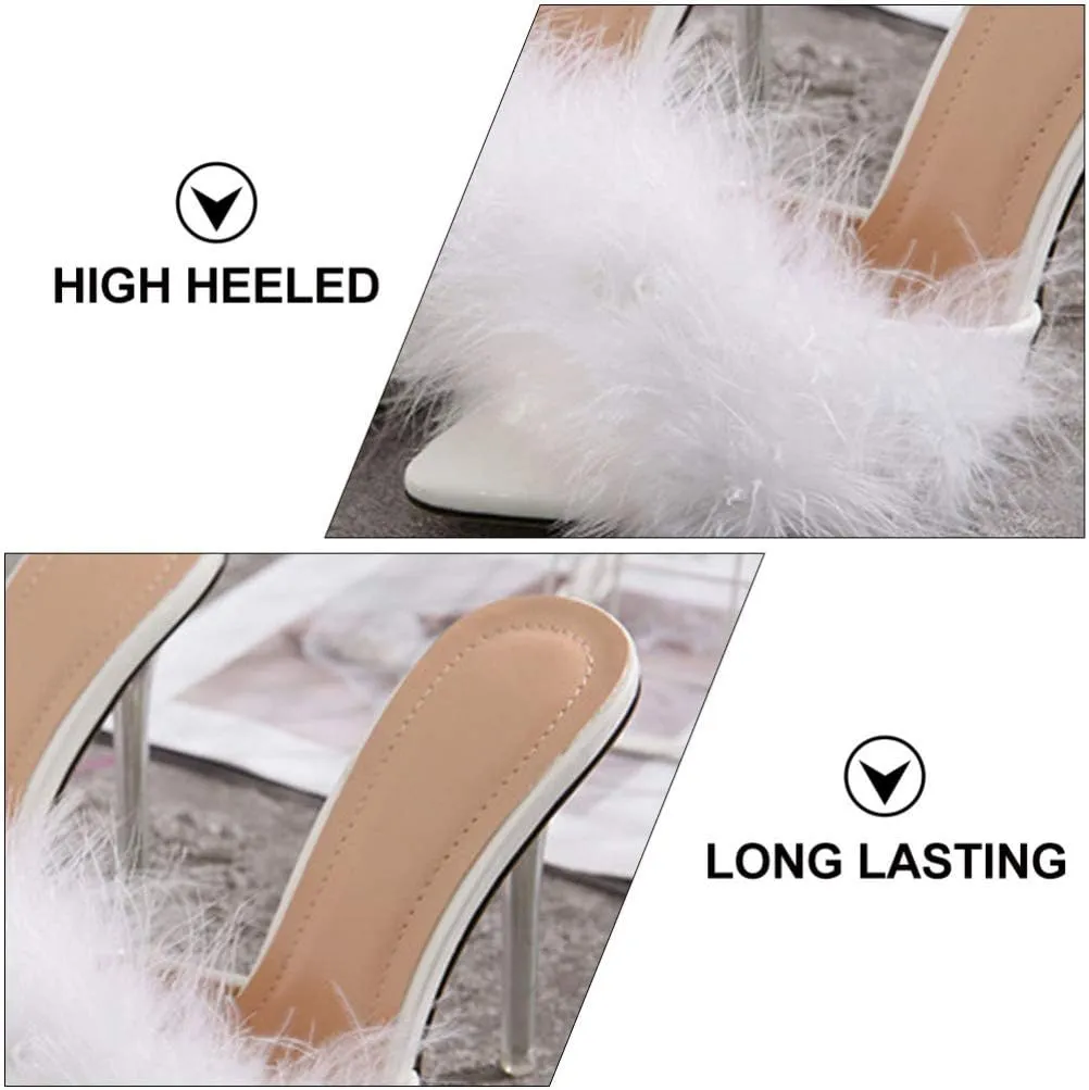 Fur Slippers Open Toe Crystal High Heels Pointed Slides Transparent Heel Sandals Girls Fluffy House Slides Outdoor Dress Sandal 1 Pair