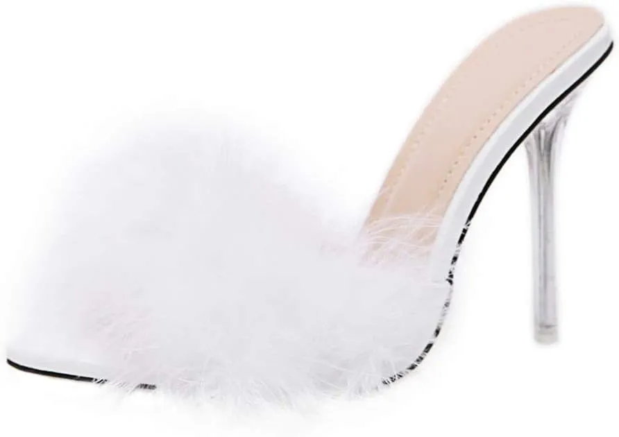 Fur Slippers Open Toe Crystal High Heels Pointed Slides Transparent Heel Sandals Girls Fluffy House Slides Outdoor Dress Sandal 1 Pair