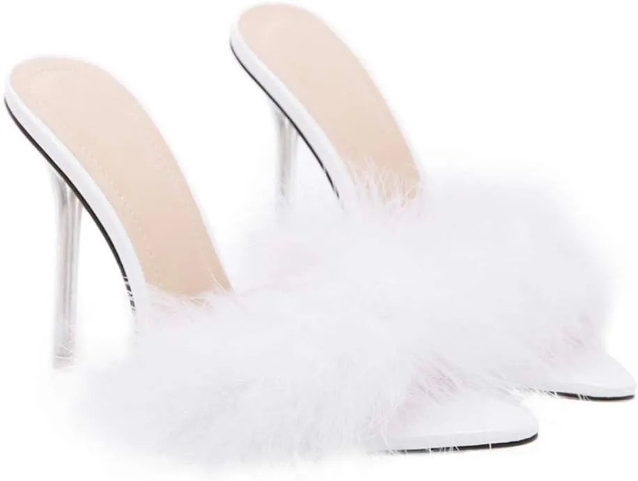 Fur Slippers Open Toe Crystal High Heels Pointed Slides Transparent Heel Sandals Girls Fluffy House Slides Outdoor Dress Sandal 1 Pair