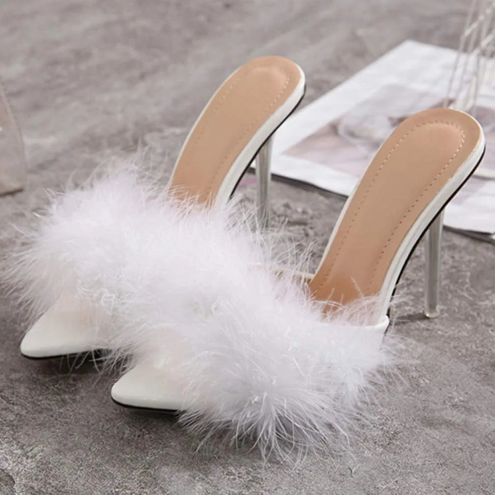 Fur Slippers Open Toe Crystal High Heels Pointed Slides Transparent Heel Sandals Girls Fluffy House Slides Outdoor Dress Sandal 1 Pair