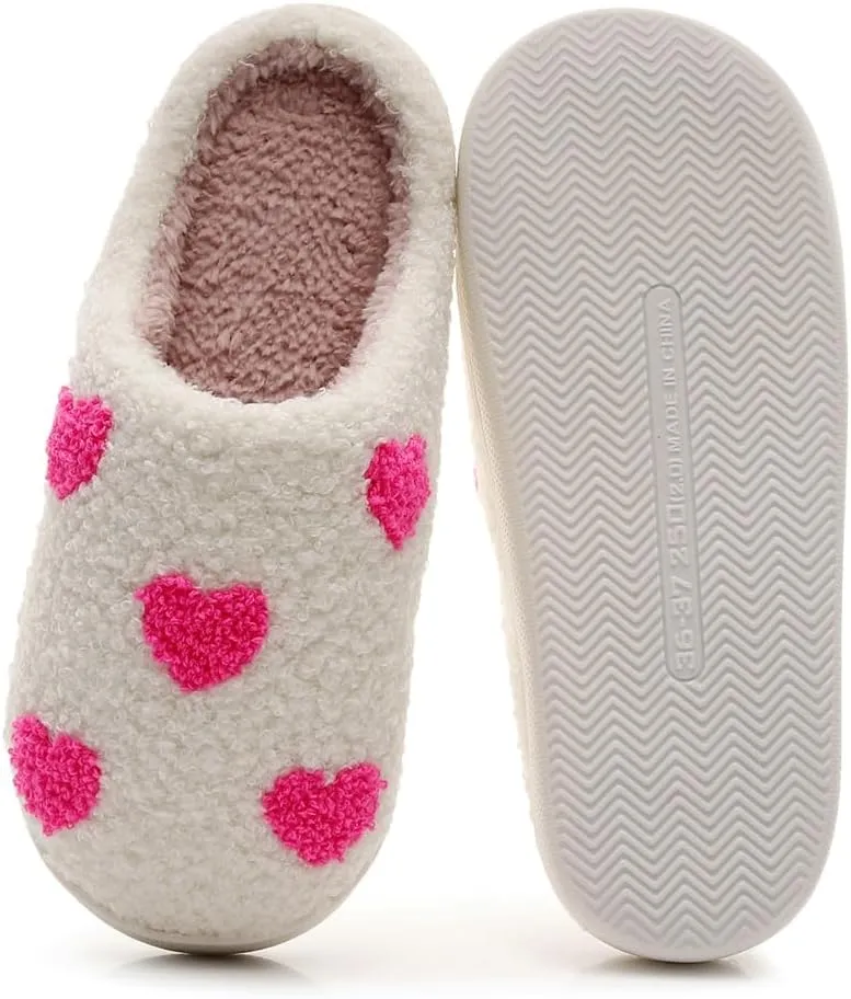 Fuzzy House Slippers for Unisex Cute Mini Hearts Pattern Slip-on Plush Non-slip Slippers Valentine's Day Gifts