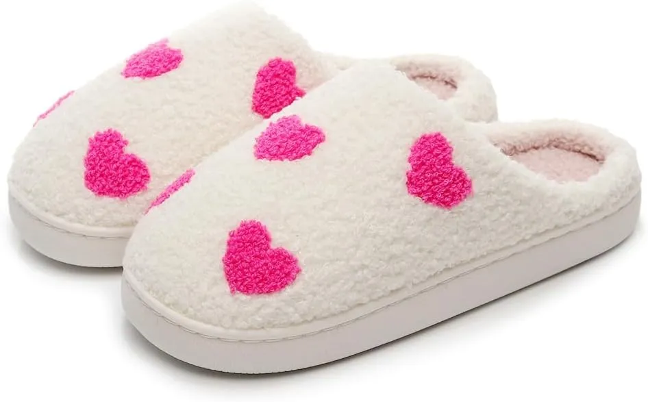 Fuzzy House Slippers for Unisex Cute Mini Hearts Pattern Slip-on Plush Non-slip Slippers Valentine's Day Gifts