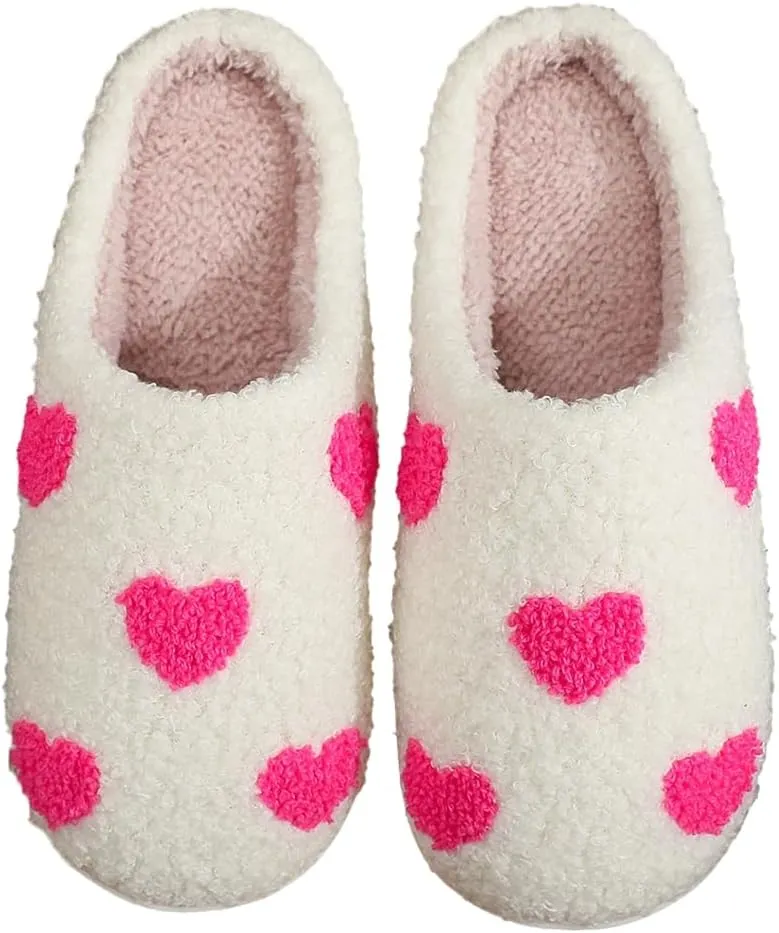 Fuzzy House Slippers for Unisex Cute Mini Hearts Pattern Slip-on Plush Non-slip Slippers Valentine's Day Gifts