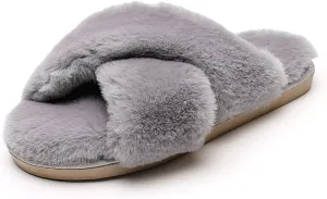 Fuzzy Slippers for Women - Fluffy Crossover Faux Fur House Slipper Open Toe Memory Foam Slippers