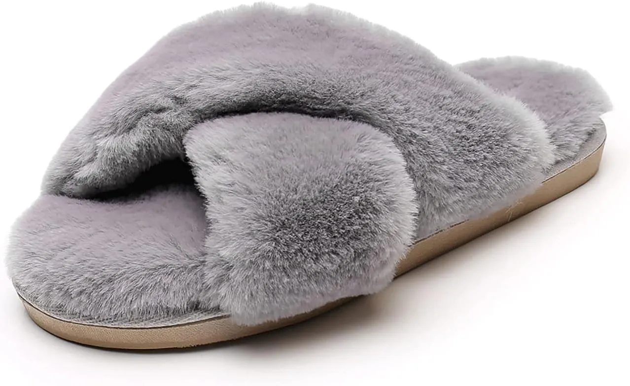 Fuzzy Slippers for Women - Fluffy Crossover Faux Fur House Slipper Open Toe Memory Foam Slippers