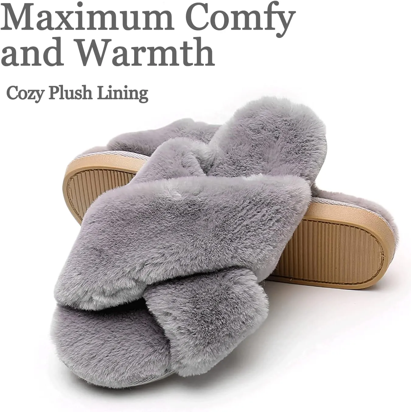 Fuzzy Slippers for Women - Fluffy Crossover Faux Fur House Slipper Open Toe Memory Foam Slippers