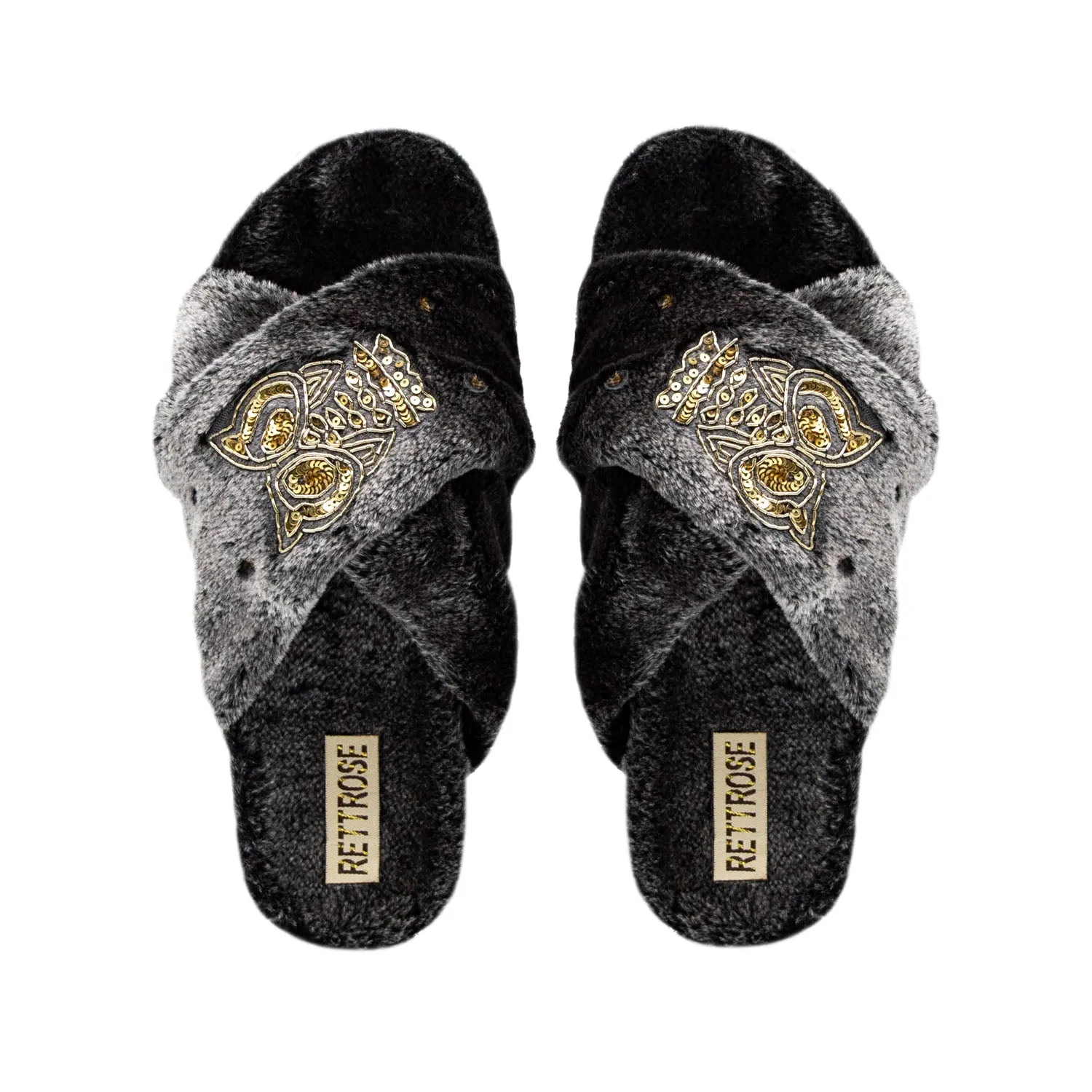 Georgia Charcoal Luxury Plush Diamanté Embellished Handmade Slipper
