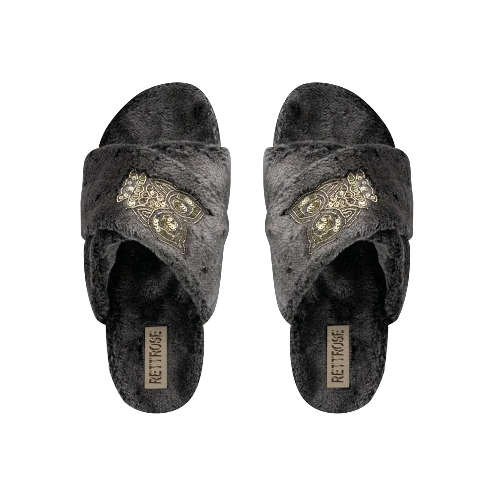 Georgia Charcoal Luxury Plush Diamanté Embellished Handmade Slipper