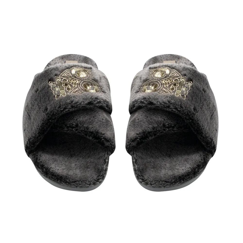 Georgia Charcoal Luxury Plush Diamanté Embellished Handmade Slipper