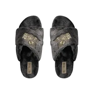 Georgia Charcoal Luxury Plush Diamanté Embellished Handmade Slipper