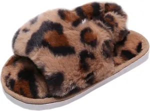 Girl's Fuzzy Fluffy Furry Slippers Cross Band Shoes Slides for Girls Fur Flip Flop Open Toe Slippers