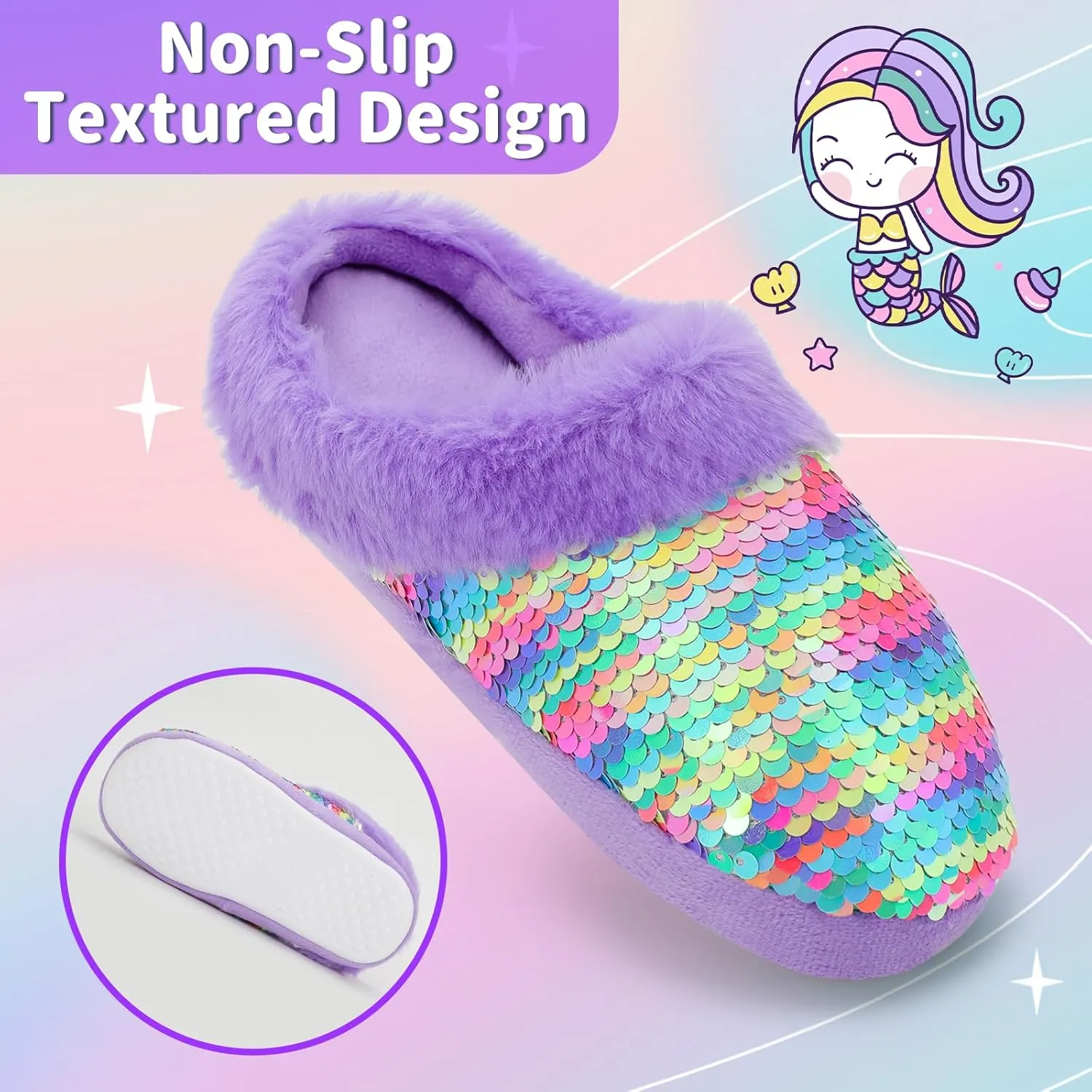 Girls Plush Sequin Slippers With Sleep Mask, Cute Faux Fur Slip-on Shoes Memory Foam House Shoes for Girls Bedroom Slippers