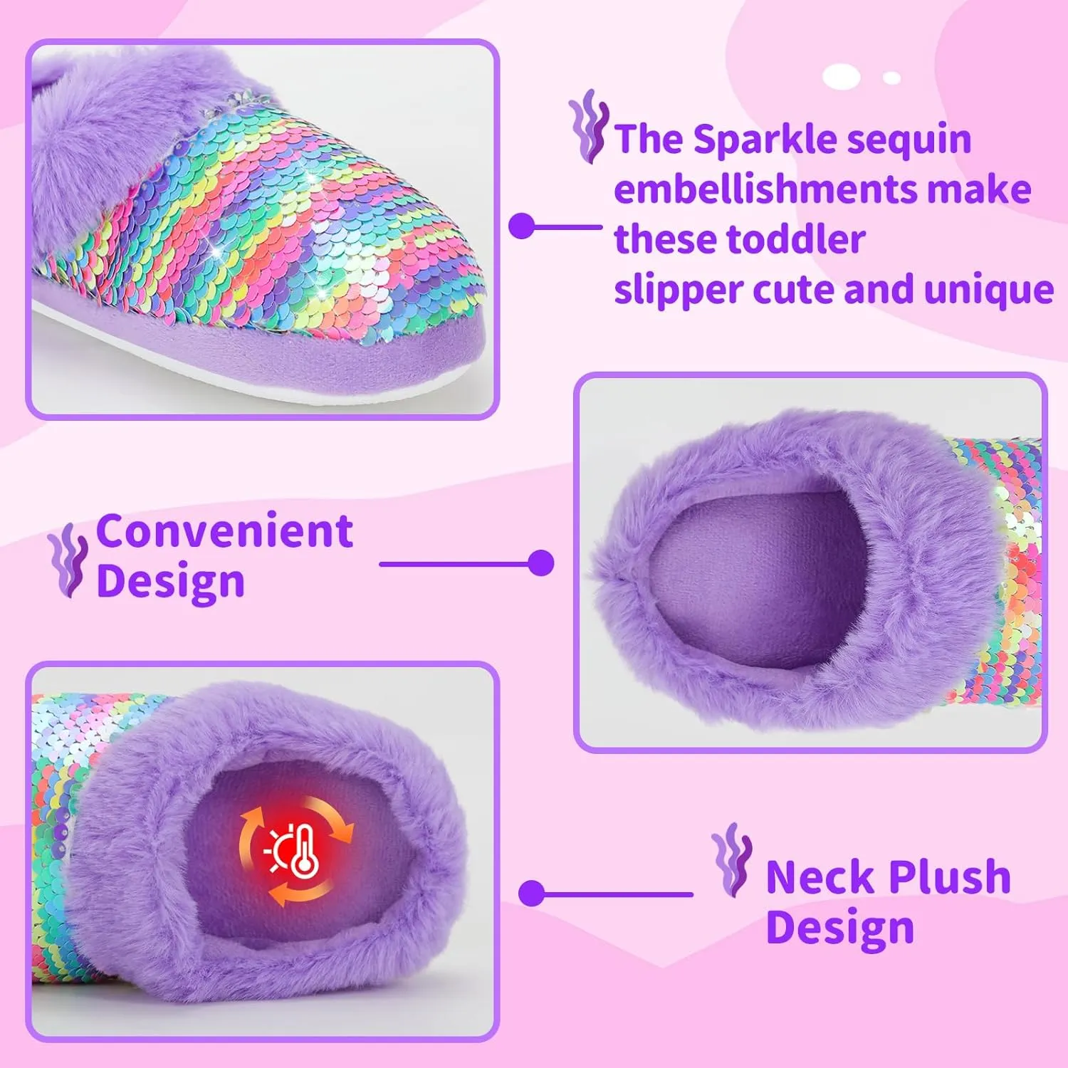 Girls Plush Sequin Slippers With Sleep Mask, Cute Faux Fur Slip-on Shoes Memory Foam House Shoes for Girls Bedroom Slippers