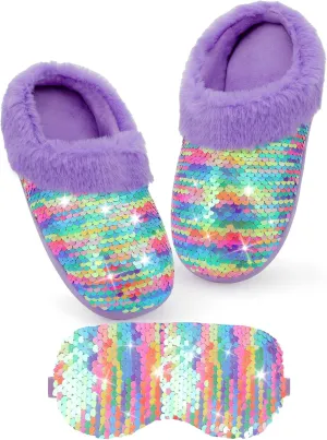 Girls Plush Sequin Slippers With Sleep Mask, Cute Faux Fur Slip-on Shoes Memory Foam House Shoes for Girls Bedroom Slippers