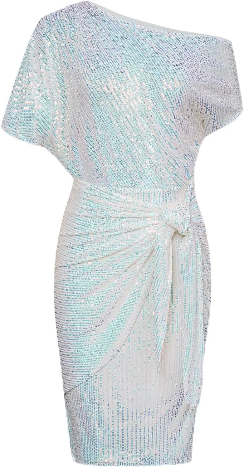 GRACE KARIN Women's Sequin Sparkly Glitter Party Club Dress One Shoulder Ruched Cocktail Bodycon Dress