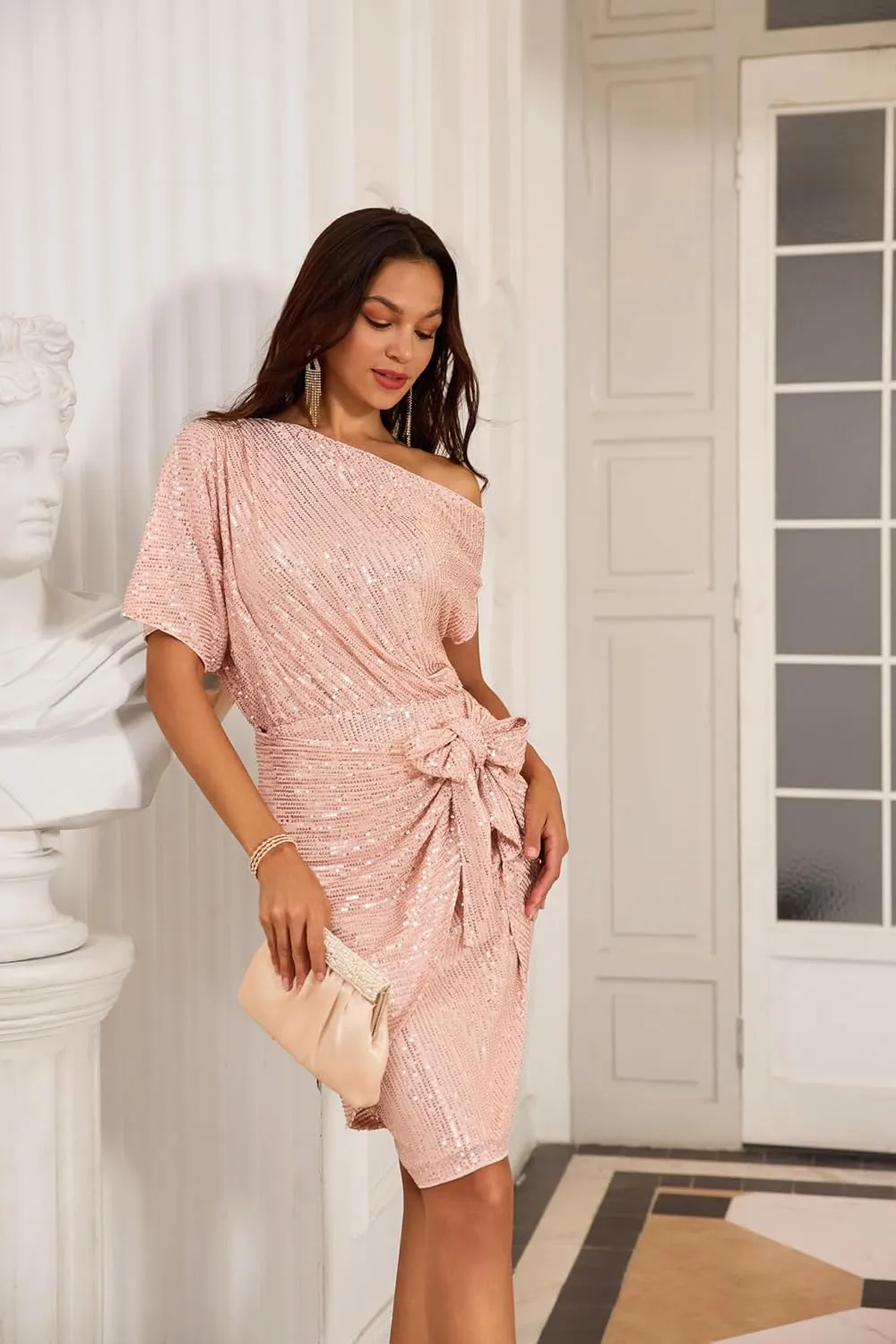 GRACE KARIN Women's Sequin Sparkly Glitter Party Club Dress One Shoulder Ruched Cocktail Bodycon Dress