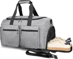 Gym Bag for Men Women, Fitness Workout Sports Bag with Wet Pocket & Shoes Compartment, Weekender Overnight Bag Travel Duffel Bag Carry On Gym Duffle Bag-Grey