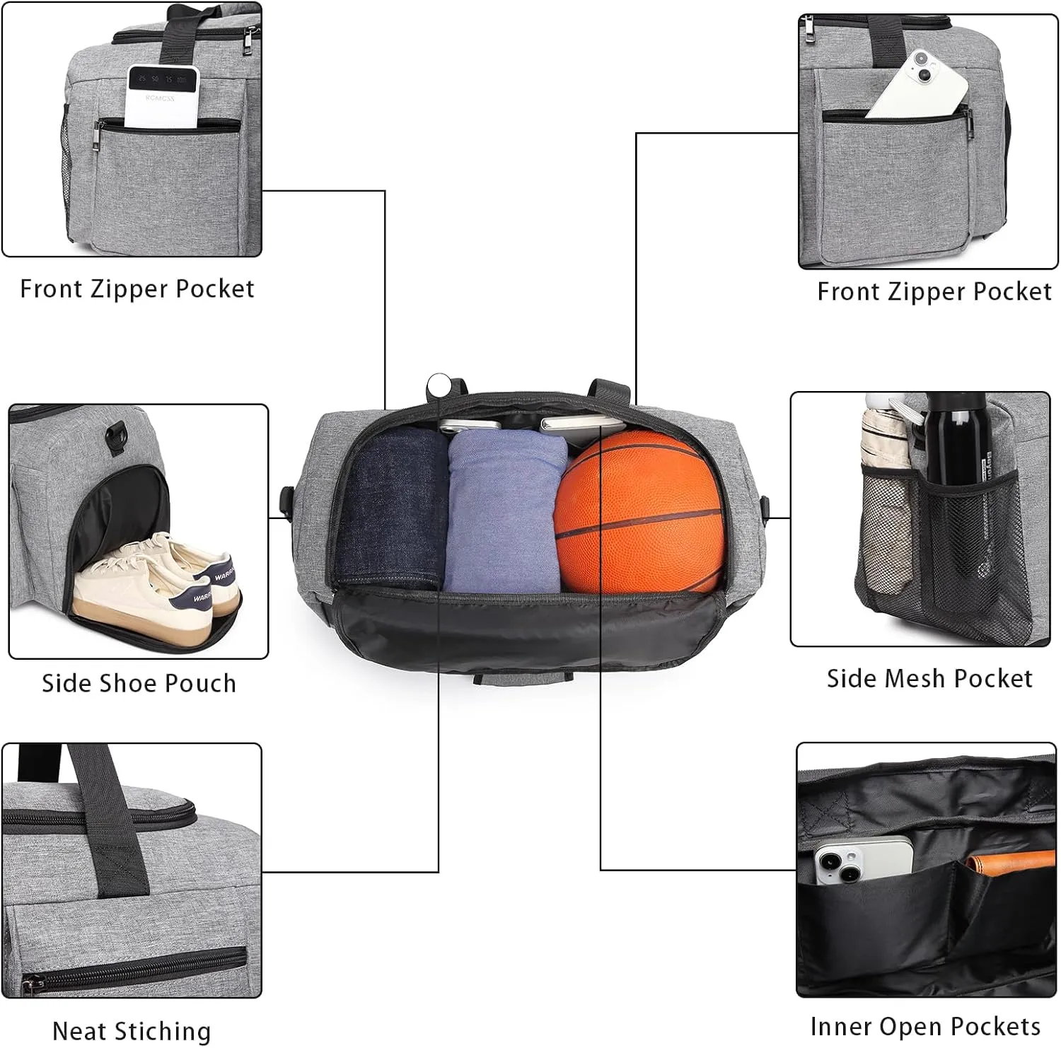 Gym Bag for Men Women, Fitness Workout Sports Bag with Wet Pocket & Shoes Compartment, Weekender Overnight Bag Travel Duffel Bag Carry On Gym Duffle Bag-Grey