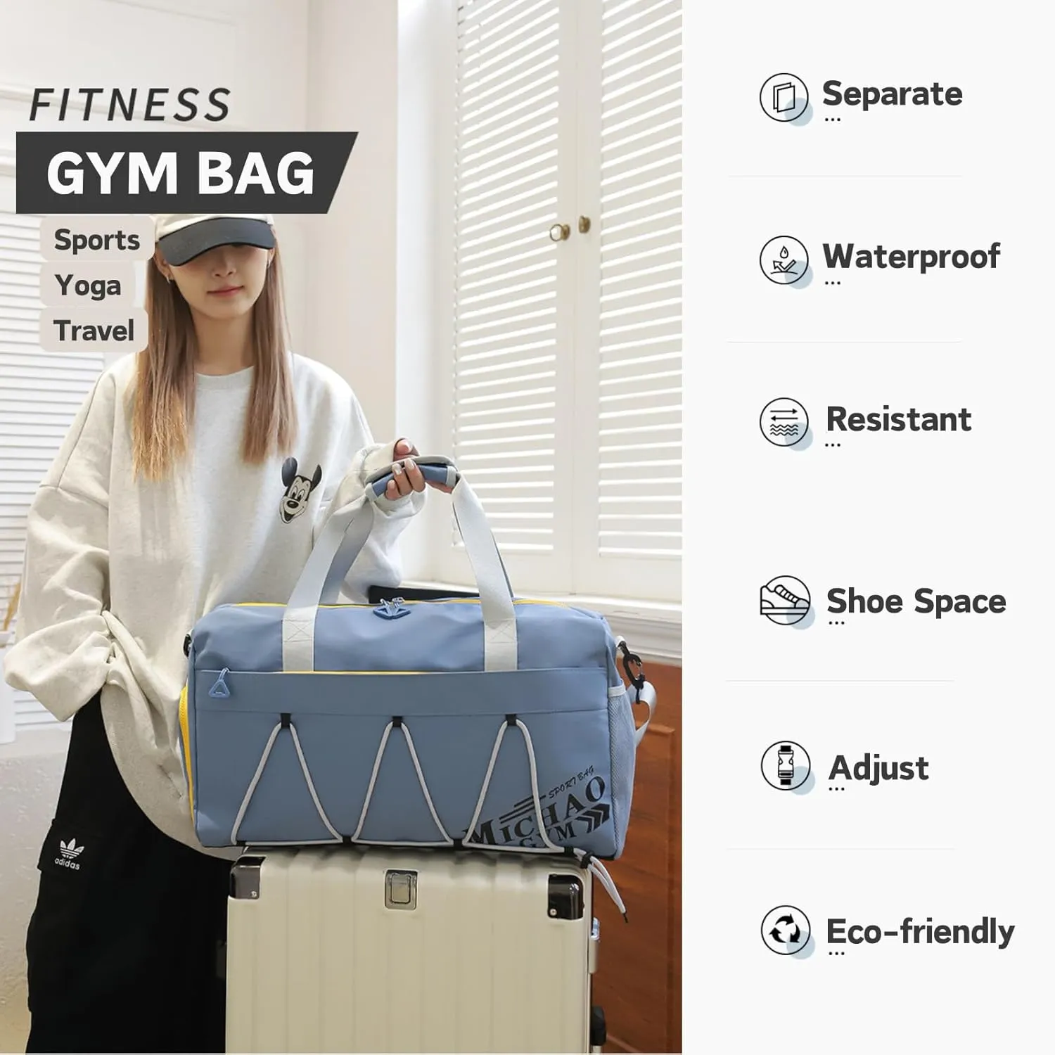 Gym Bag for Men Women, Waterproof Sports Duffle Bag with Shoe Compartment & Wet Pocket, Small Travel Duffel Bag Overnight Carry on Weekender bag for Workout, Fitness, Overnight, Yoga - White