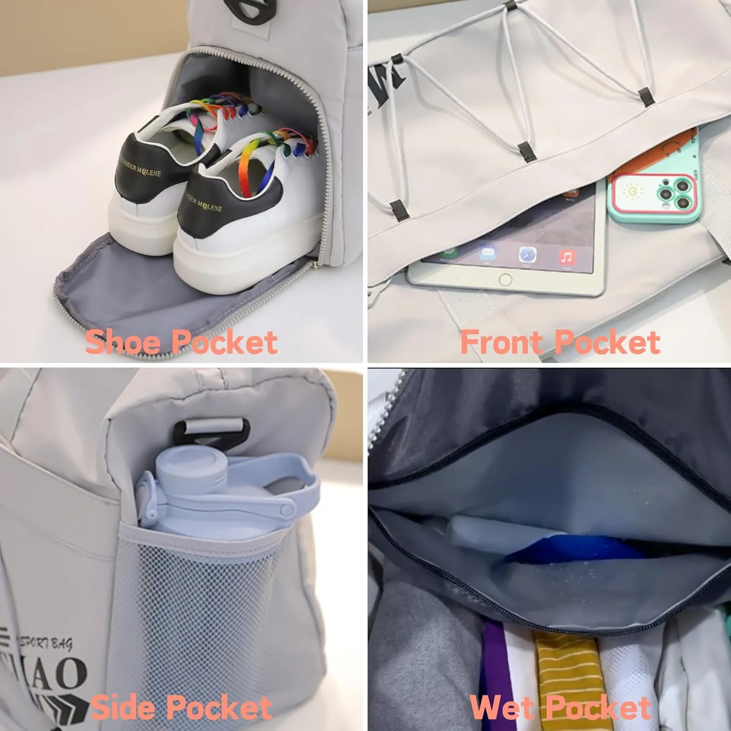 Gym Bag for Men Women, Waterproof Sports Duffle Bag with Shoe Compartment & Wet Pocket, Small Travel Duffel Bag Overnight Carry on Weekender bag for Workout, Fitness, Overnight, Yoga - White