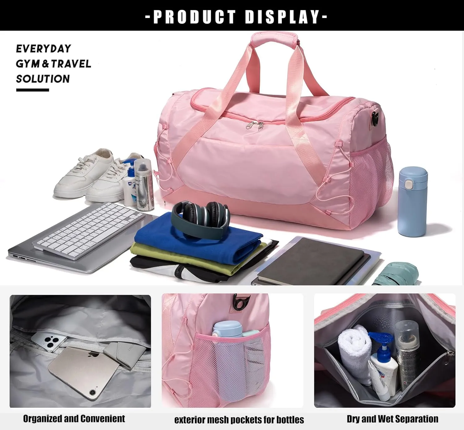 Gym Bag for Women Men Duffle Bag for Travel with Shoes Compartment and Wet Pocket Small Carry on Weekender Bags for Sports Overnight Fitness Yoga Dance Workout Swimming Hospital Tote (Pink)