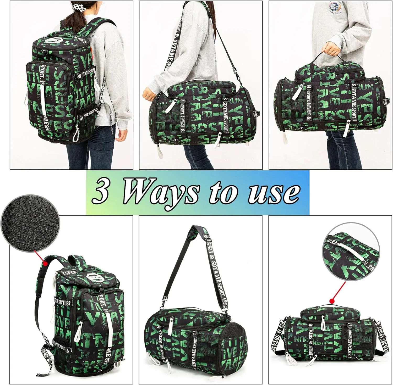 Gym Duffle Bag Backpack with Shoe Compartment,4 ways Travel Backpack for Women and Men,Multi-Functional Weekender bag with Waterproof Layer&Laptop Compartment for Fitness, Travel,Camping