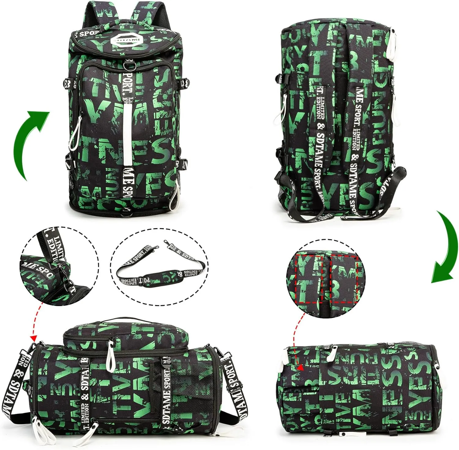 Gym Duffle Bag Backpack with Shoe Compartment,4 ways Travel Backpack for Women and Men,Multi-Functional Weekender bag with Waterproof Layer&Laptop Compartment for Fitness, Travel,Camping