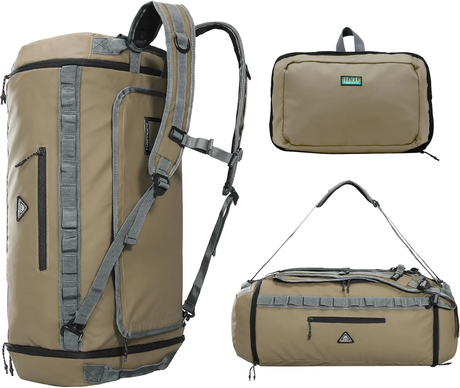 Haimont Duffel Backpack Bag 50L Water Repellent Sports Gym Bag Foldable Men Women with Shoe Compartment for Travel Hiking Camping Outdoor, Upgrade, Khaki
